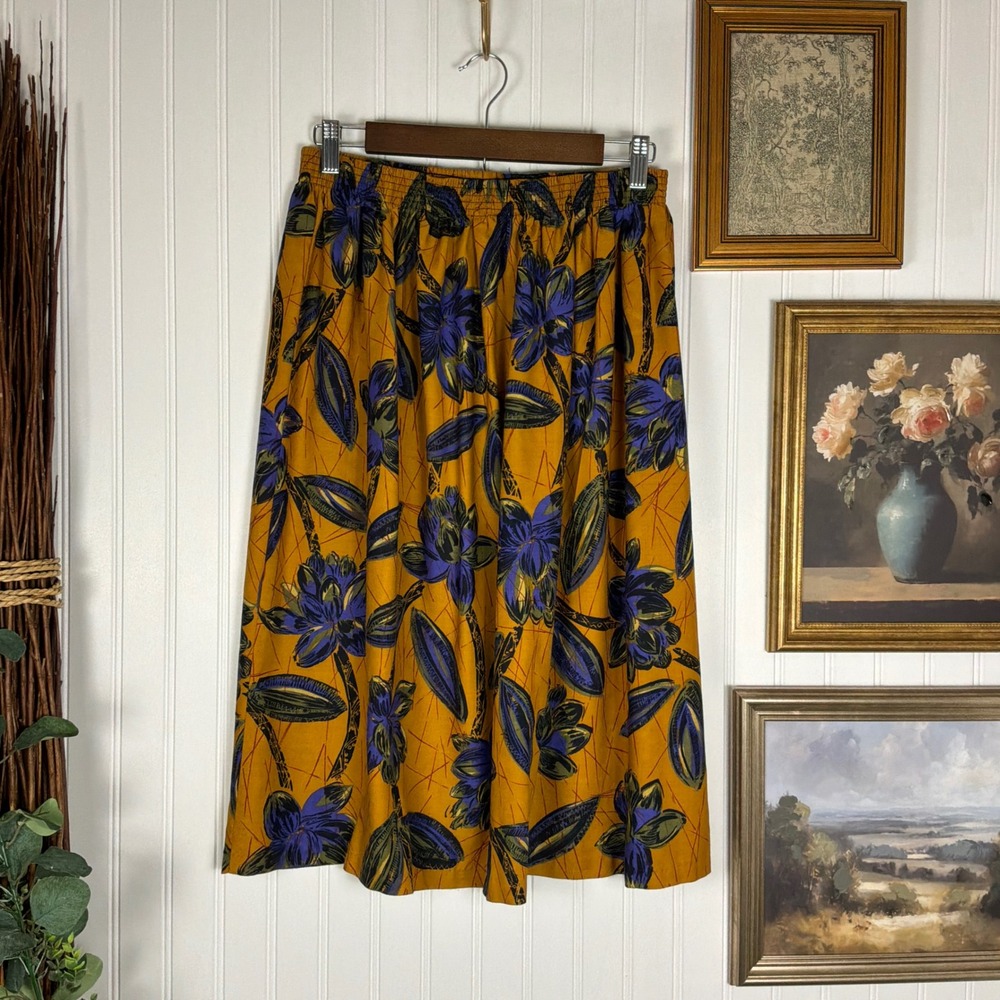 Joshua Evans Midi Skirt Womens Large Gold Floral Excellent Elastic Waist USA